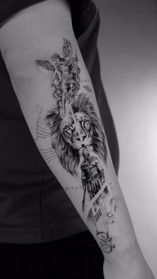 Lion, archangel and warrior composition down a forearm